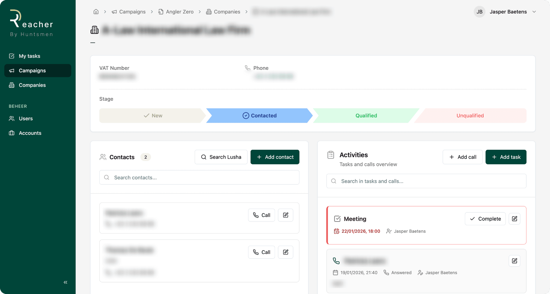 Reacher - funnel stage van een contact